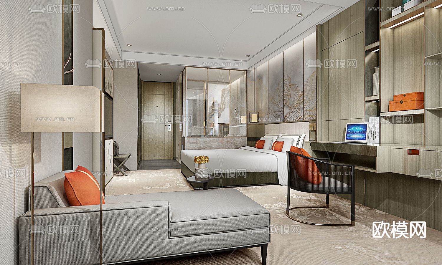 新中式酒店双人客房3d模型下载