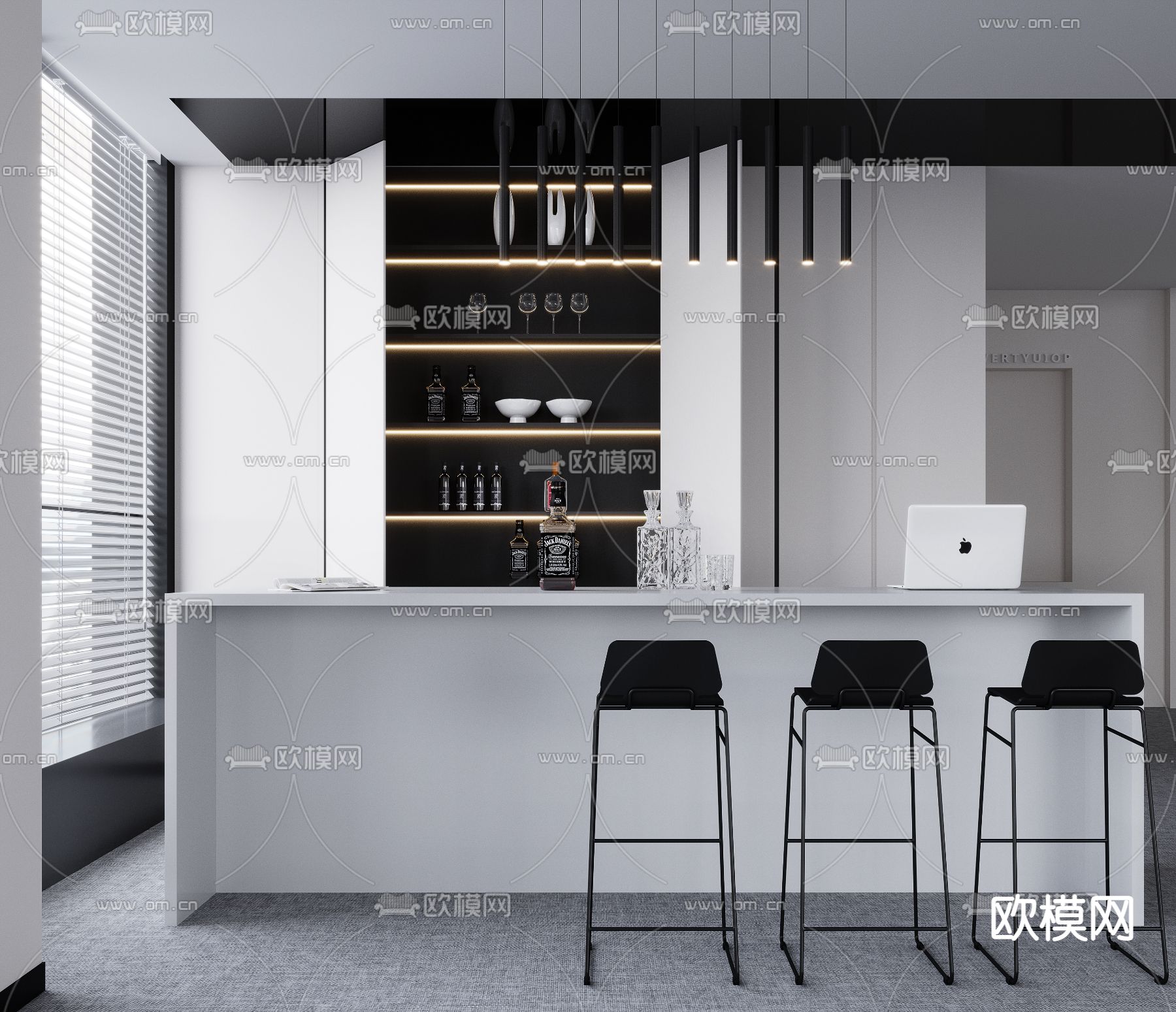 现代黑白吧台吧椅组合3d模型