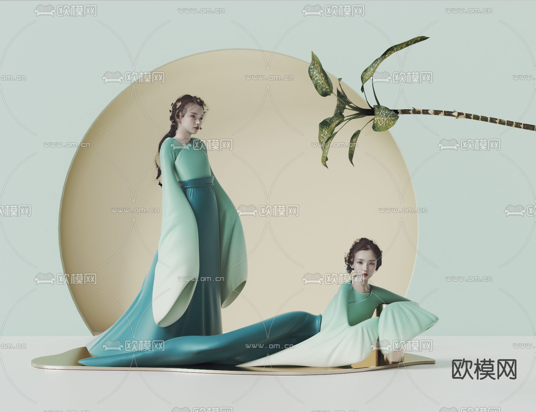 新中式少女人物摆件3d模型
