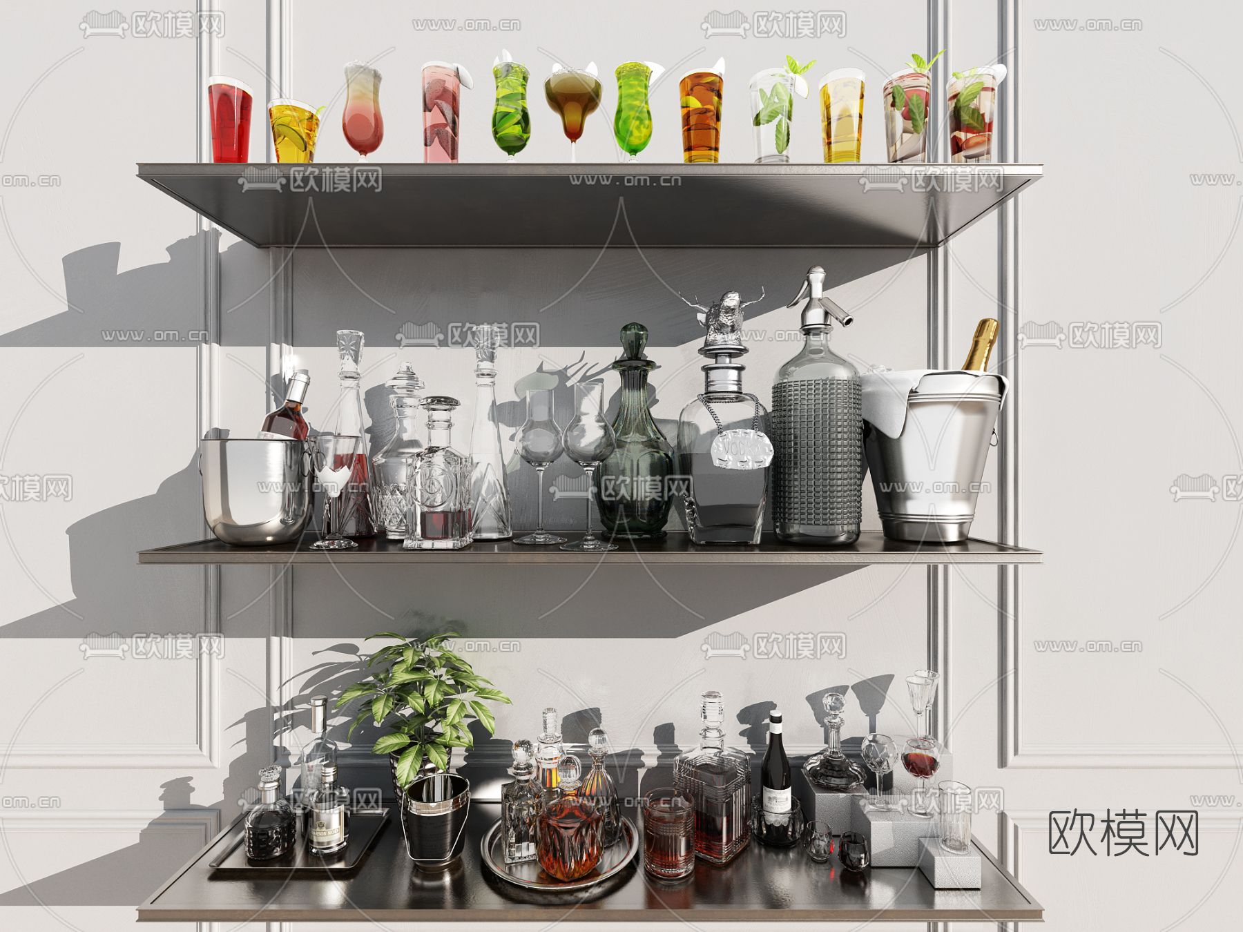 现代酒瓶酒杯3d模型下载