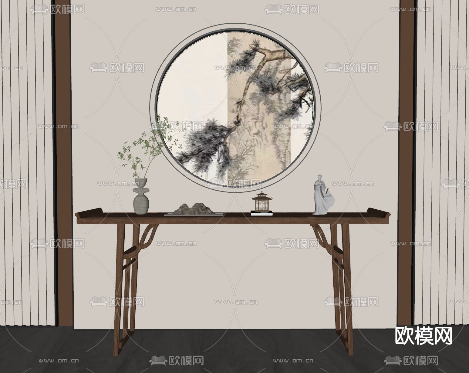 新中式端景条案su模型下载（渲染图2）