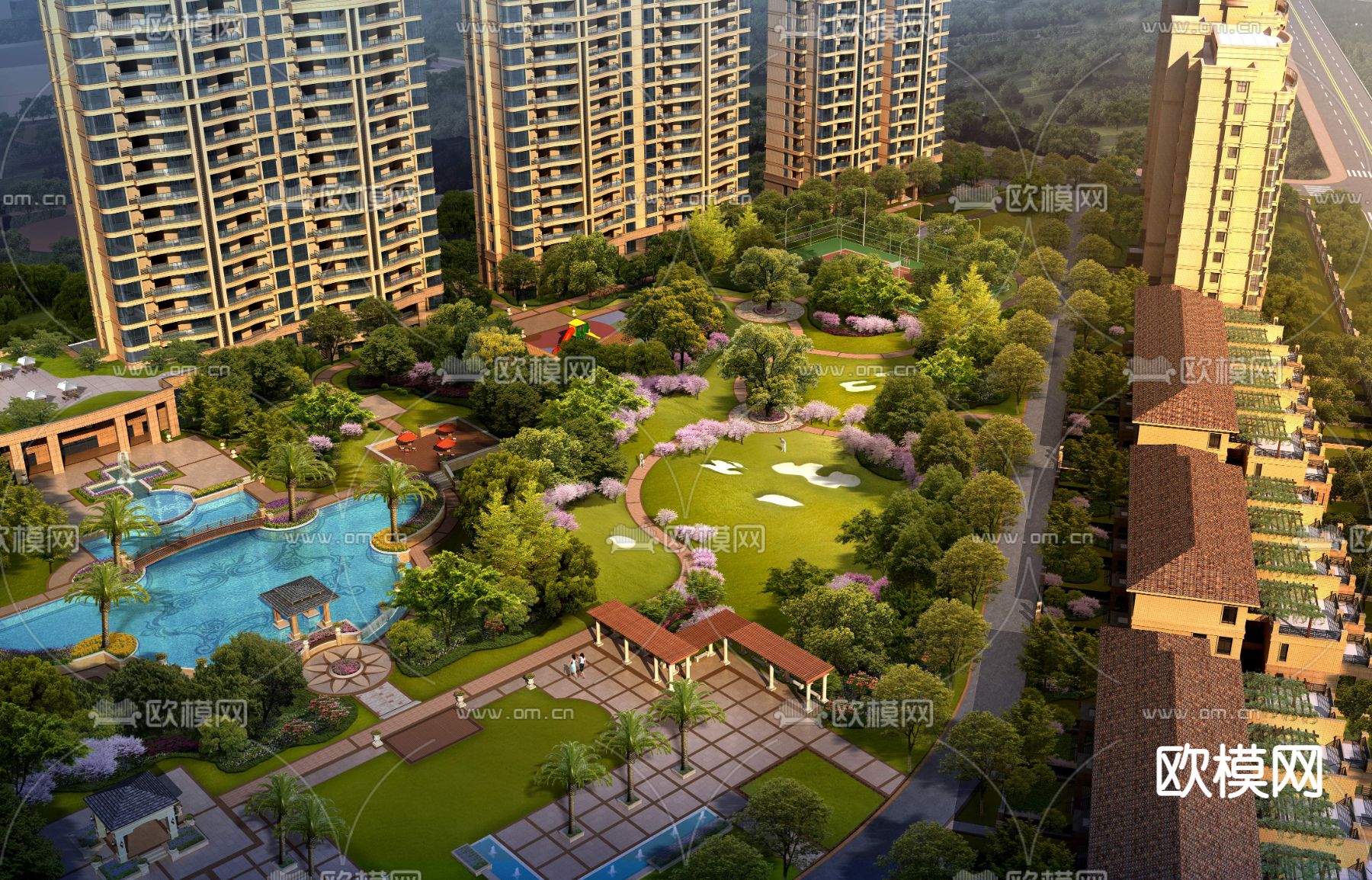 现代小区公园游泳池鸟瞰psd下载