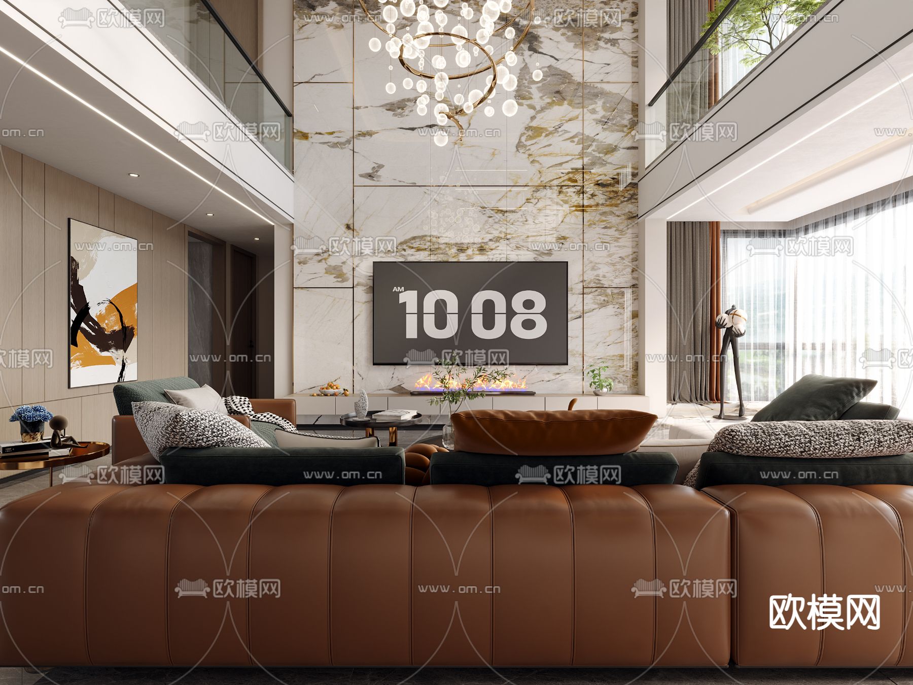 现代轻奢别墅客餐厅茶室3d模型下载（渲染图2）