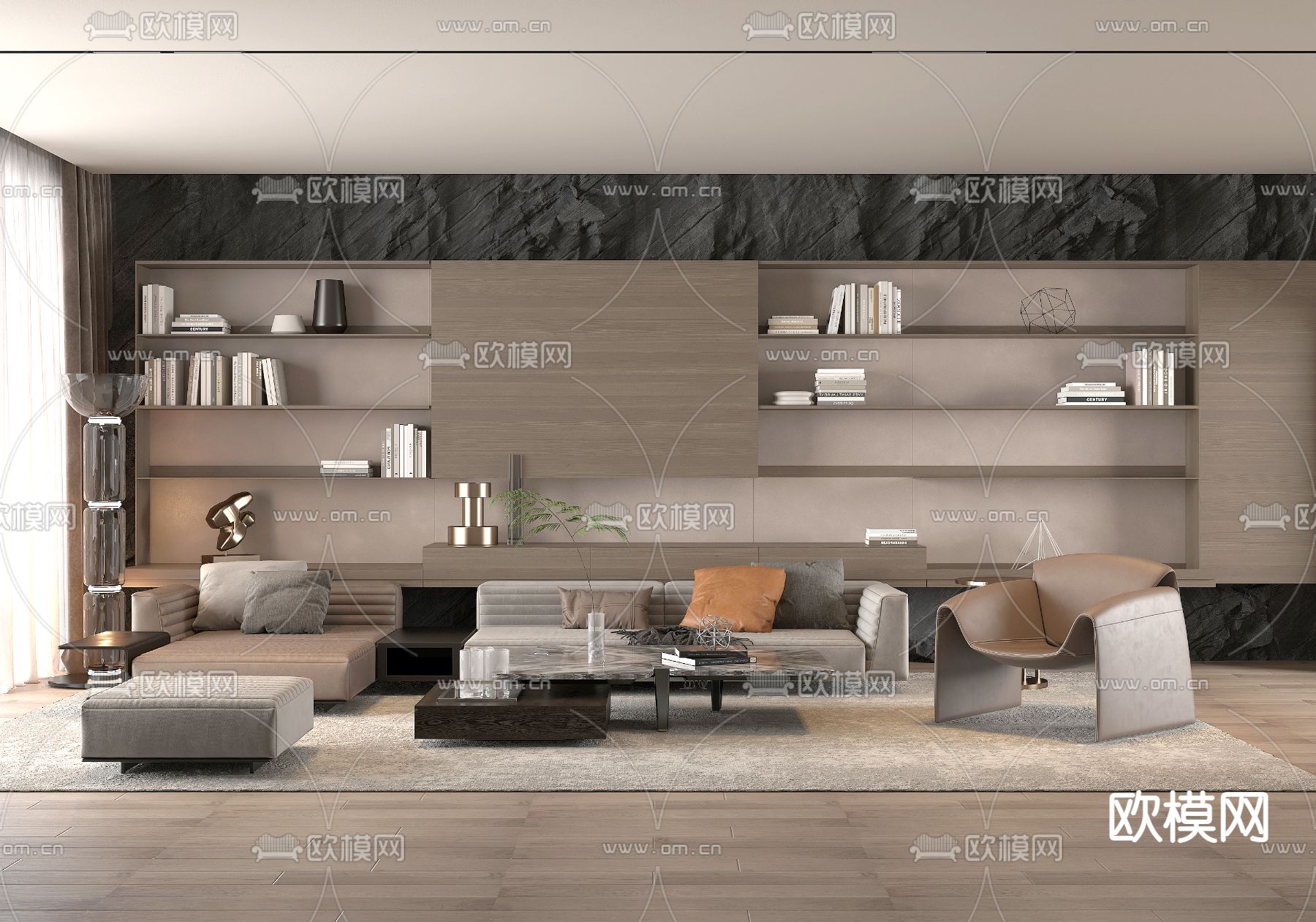 现代皮革转角沙发茶几组合3d模型下载