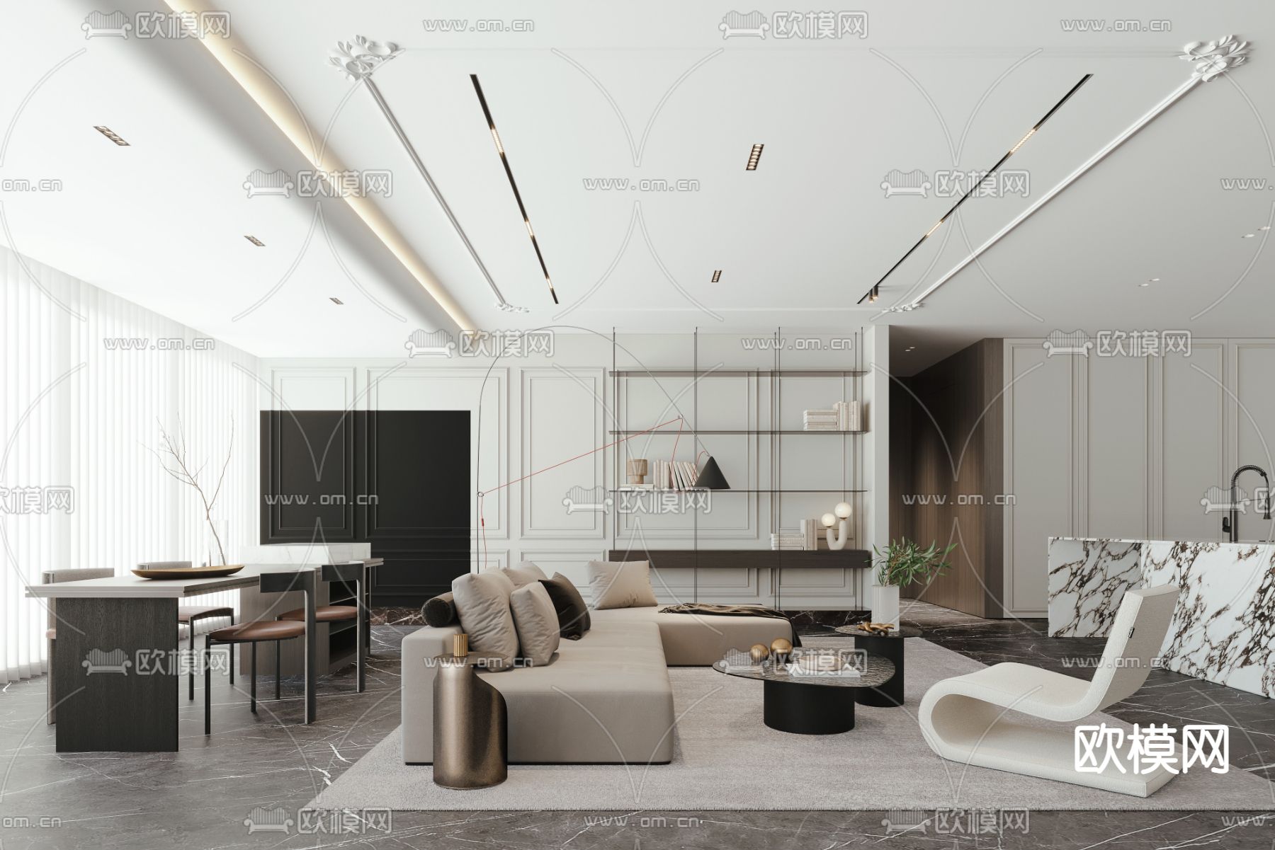 法式轻奢客餐厅3d模型下载（渲染图1）