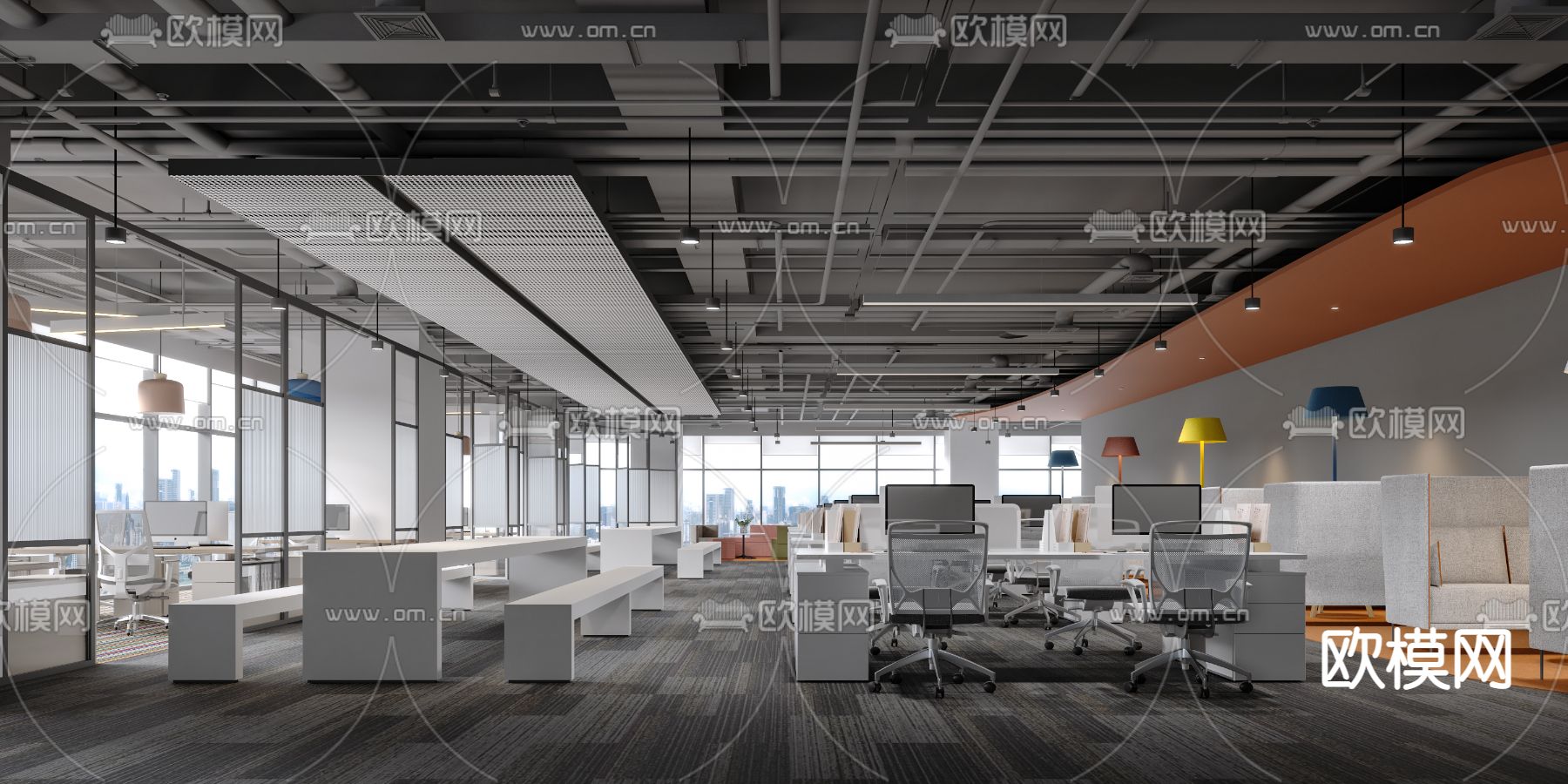 工业风公共办公区3d模型下载_ID12077349_3dmax免费模型-欧模网
