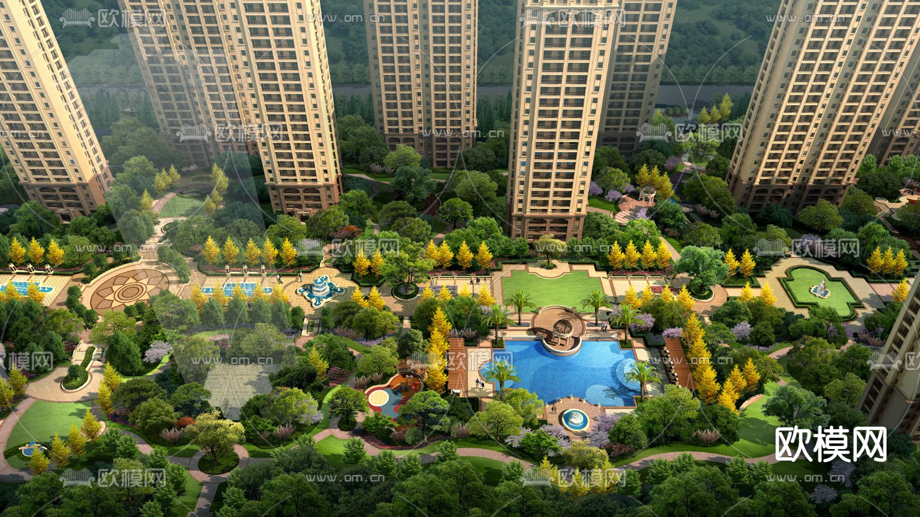 现代小区公园游泳池鸟瞰psd下载