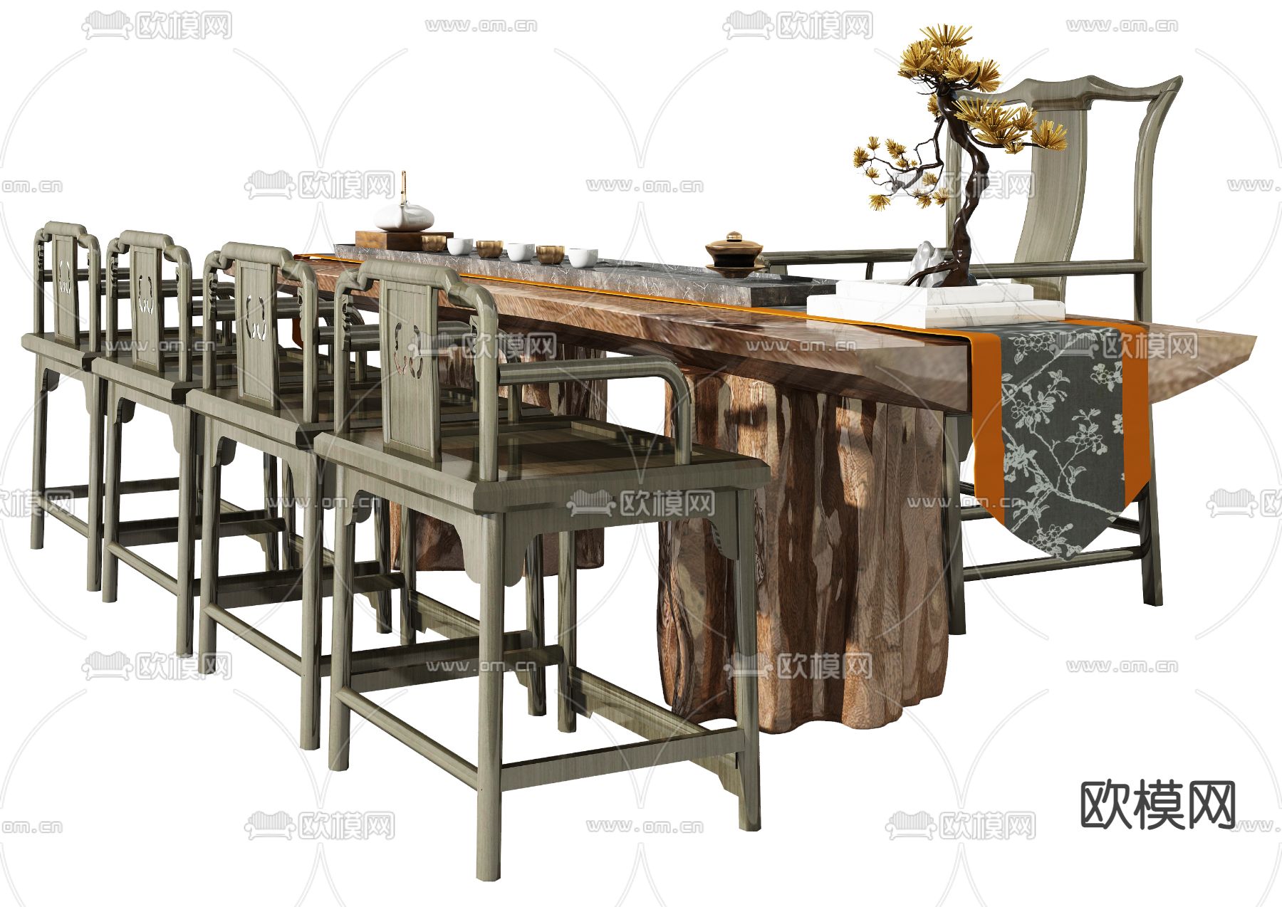 新中式实木茶桌椅3d模型下载