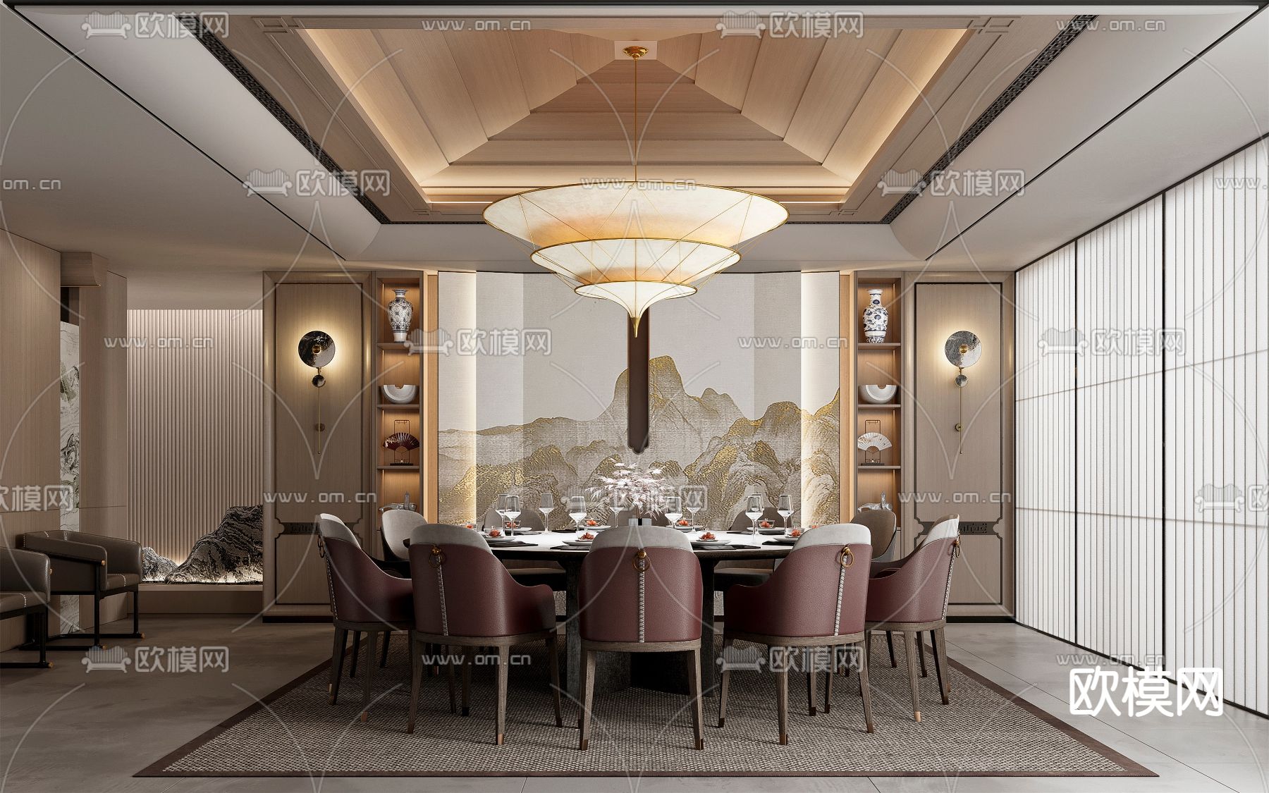 新中式中餐厅包房3d模型下载（渲染图1）