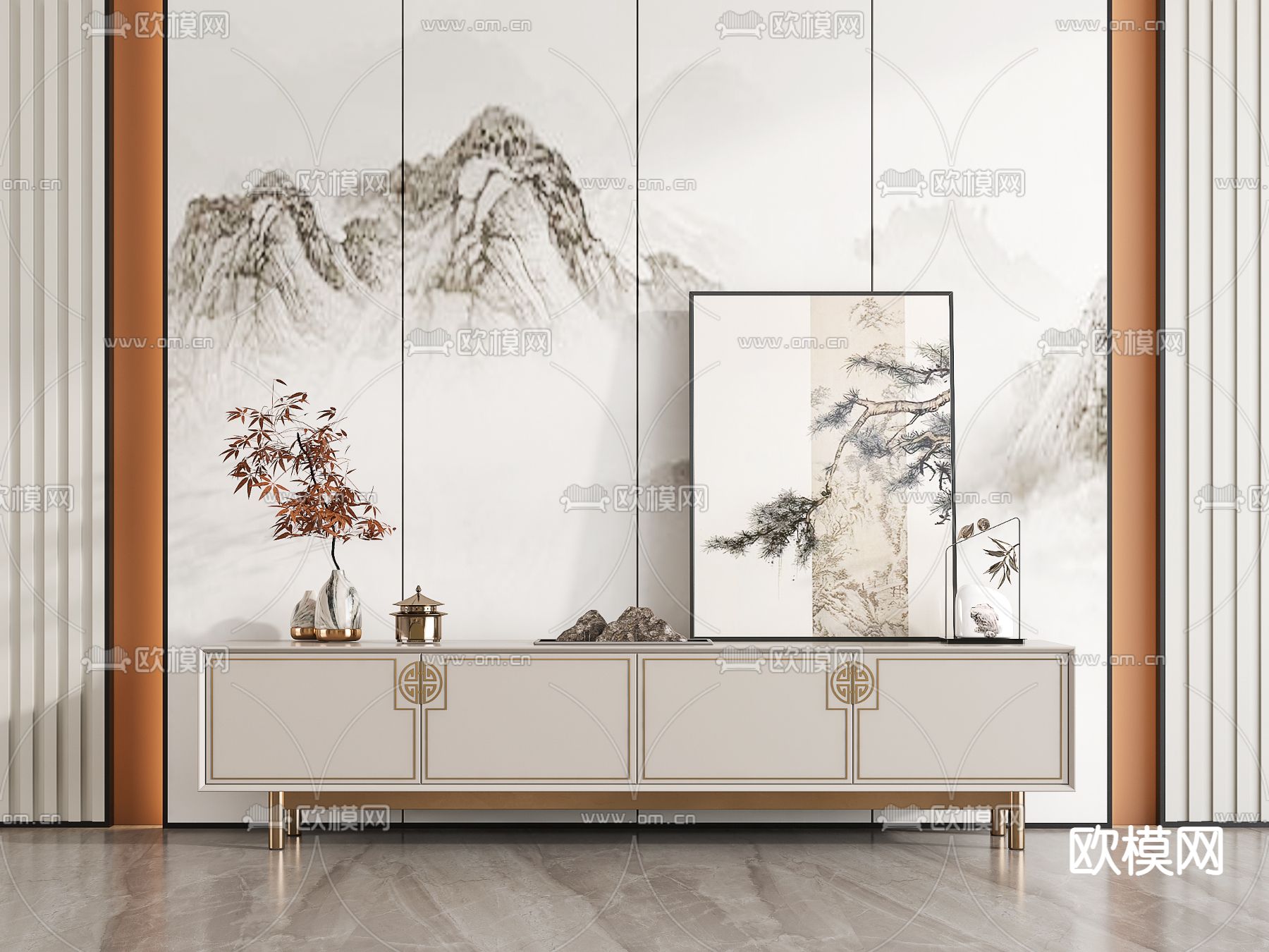 新中式轻奢电视柜3d模型下载