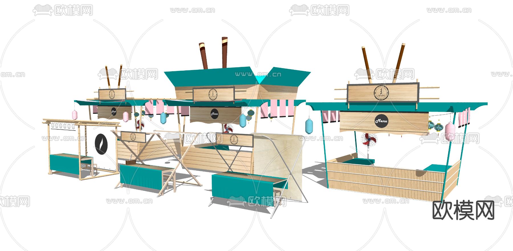 新中式集市摊位快餐车su模型下载（渲染图3）