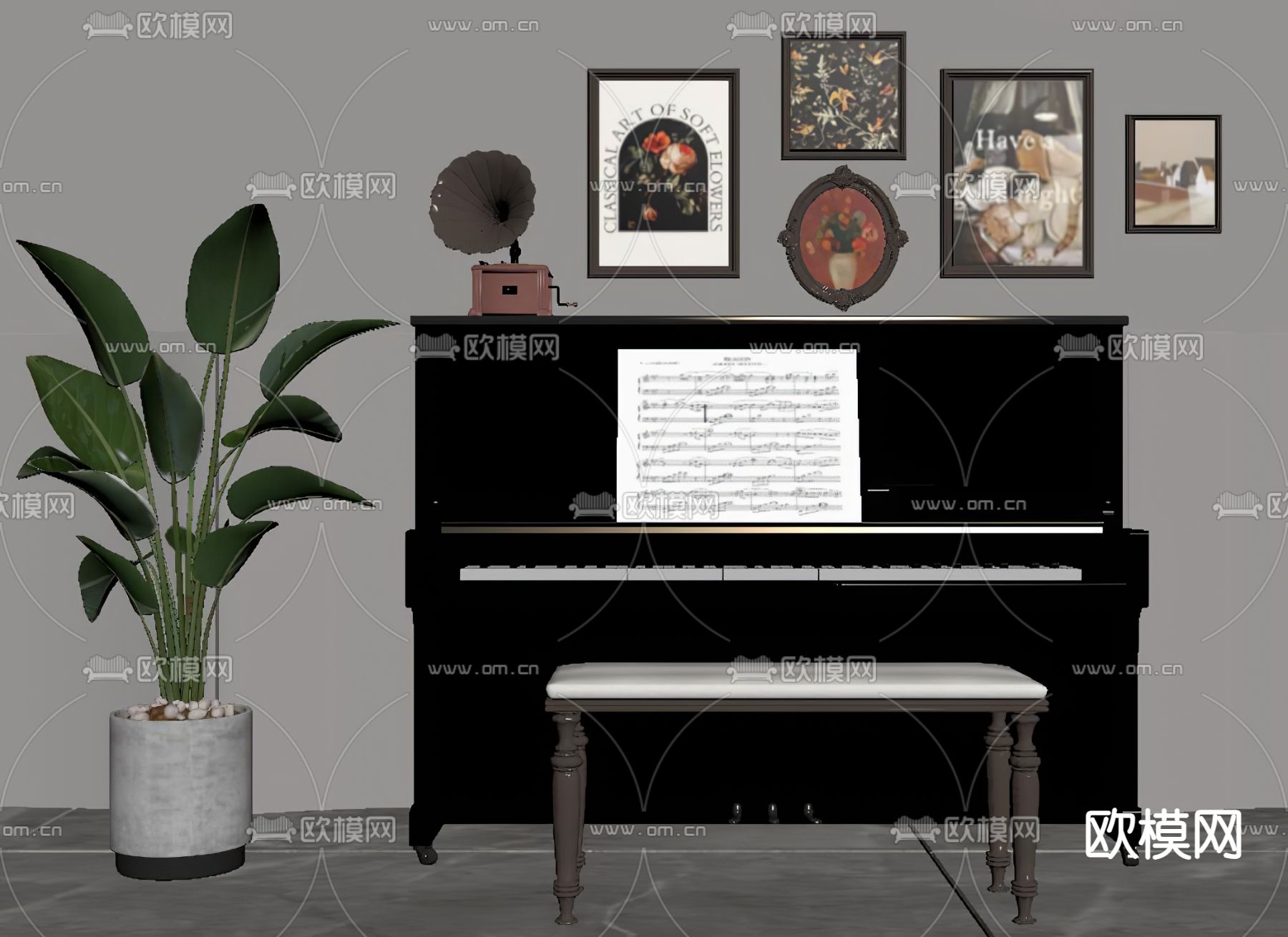 简美钢琴su模型下载（渲染图2）