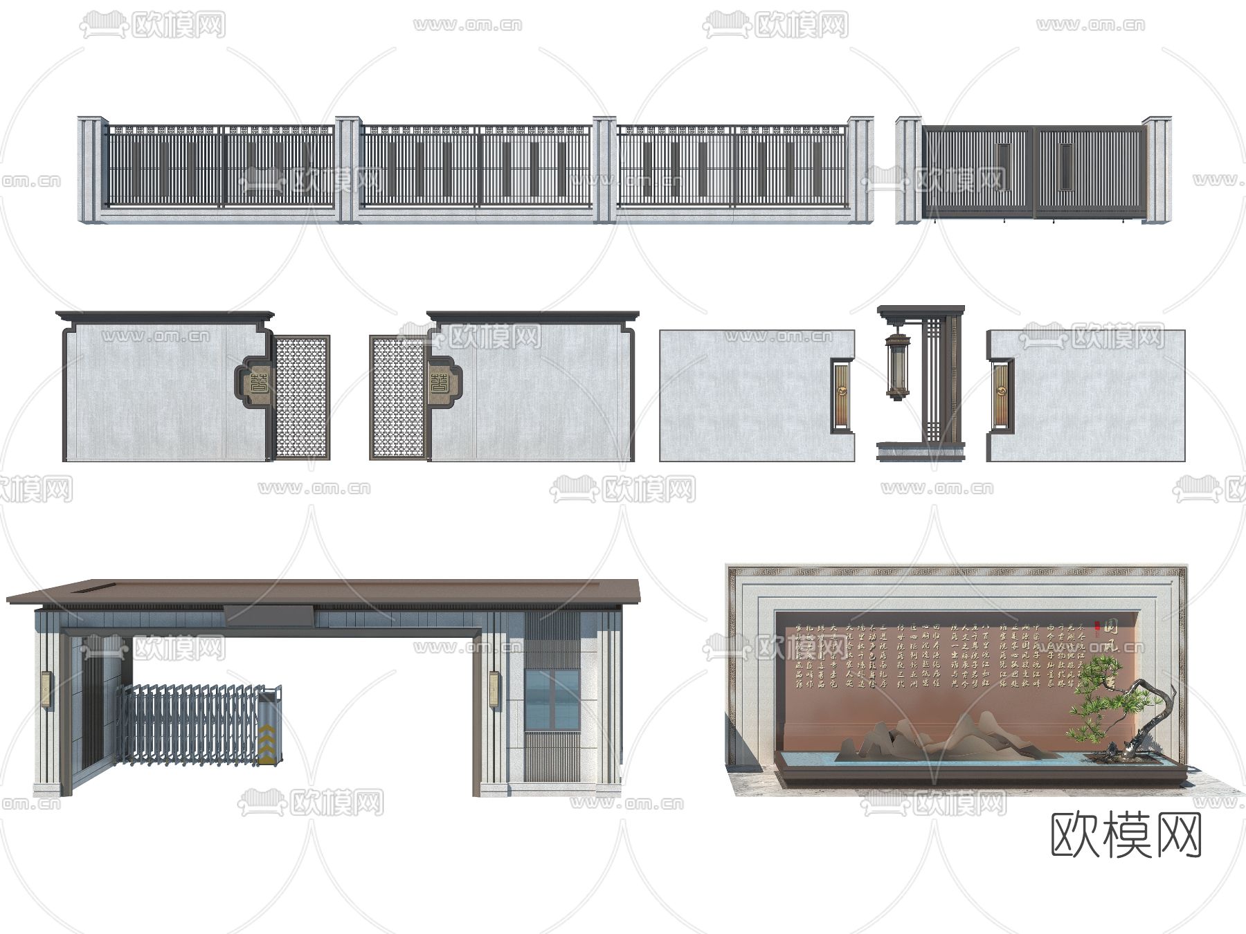 新中式护栏小区大门景墙3d模型下载（渲染图2）