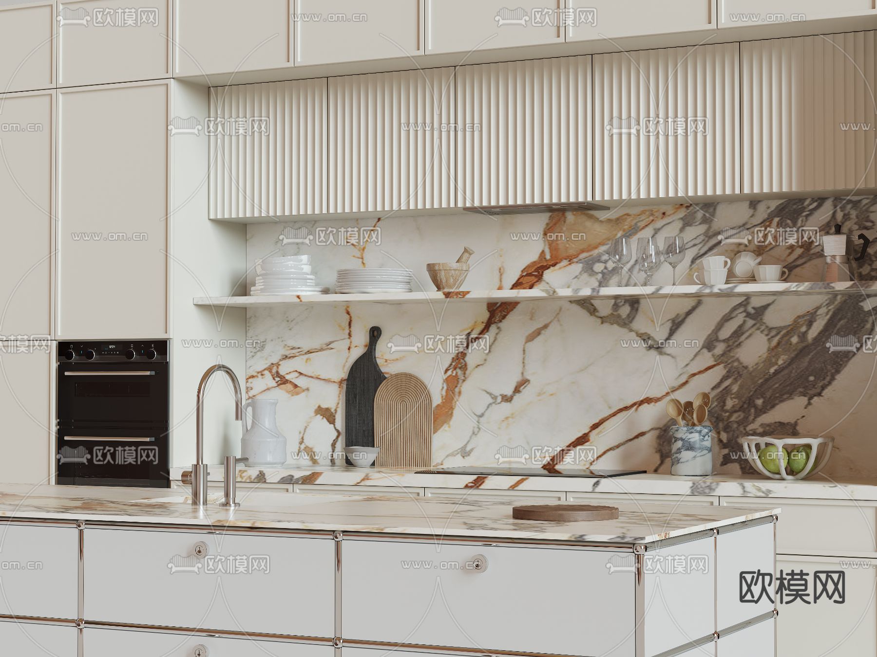 奶油风中岛橱柜3d模型下载（渲染图3）