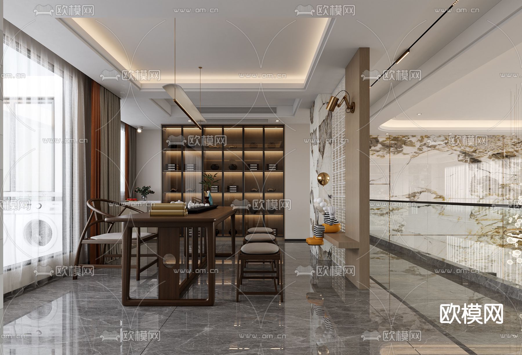 现代轻奢别墅客餐厅茶室3d模型下载（渲染图4）
