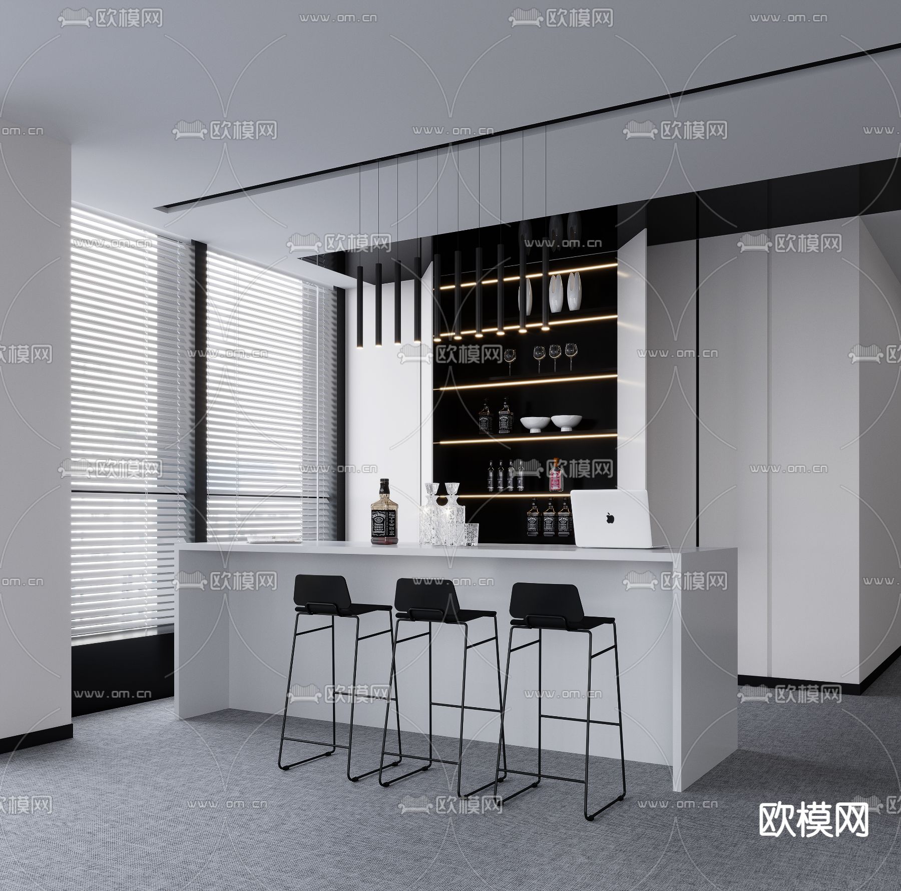 现代黑白吧台吧椅组合3d模型