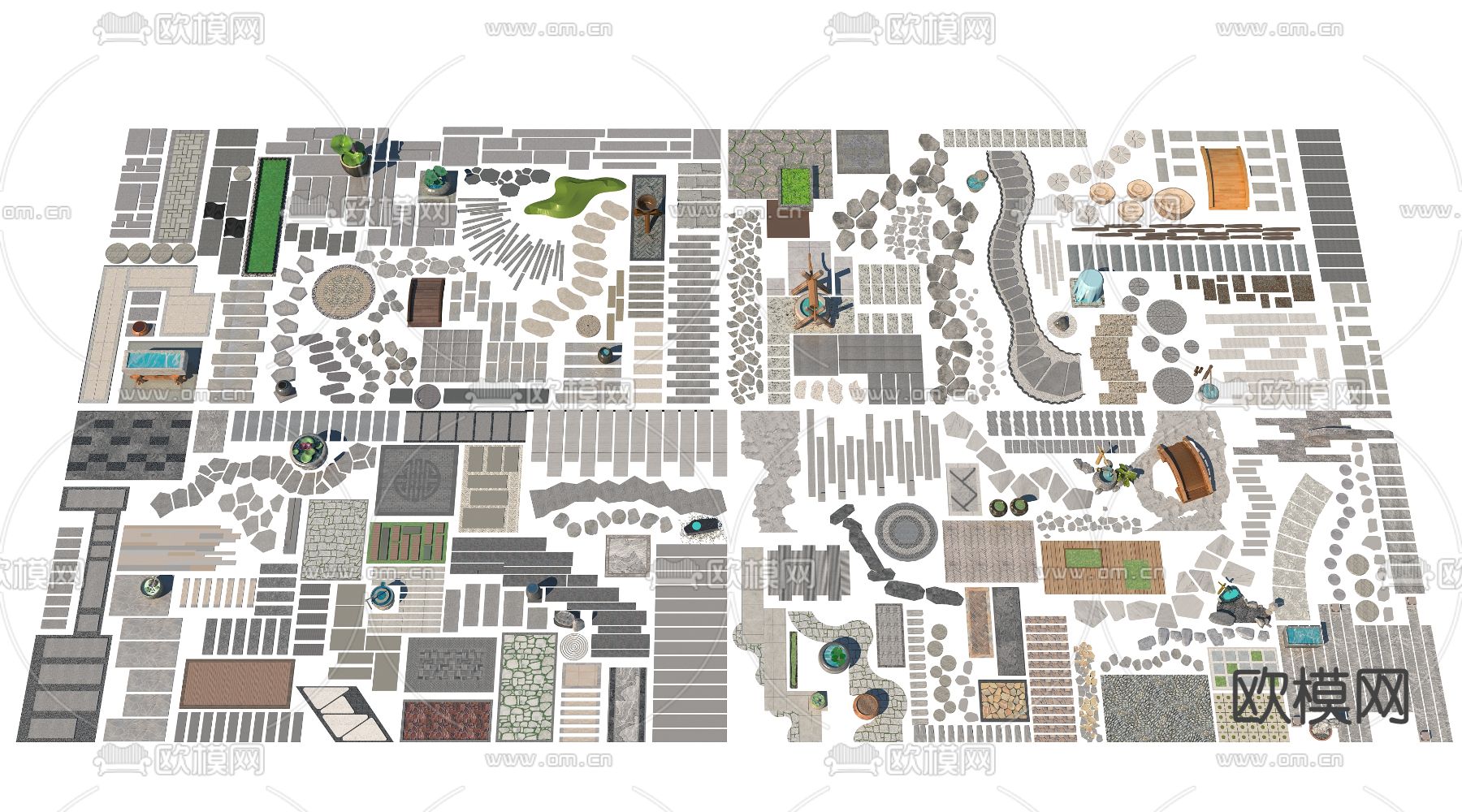 中式园路汀步庭院小品3d模型下载（渲染图1）