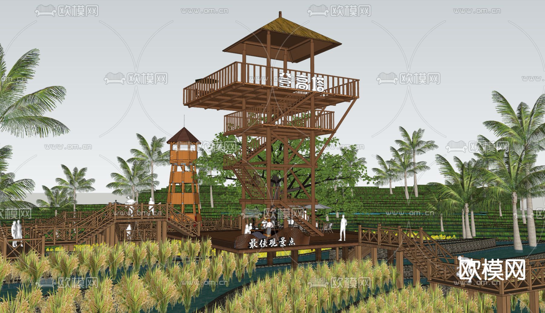 现代观景塔眺望塔山地木栈道su模型下载（渲染图3）