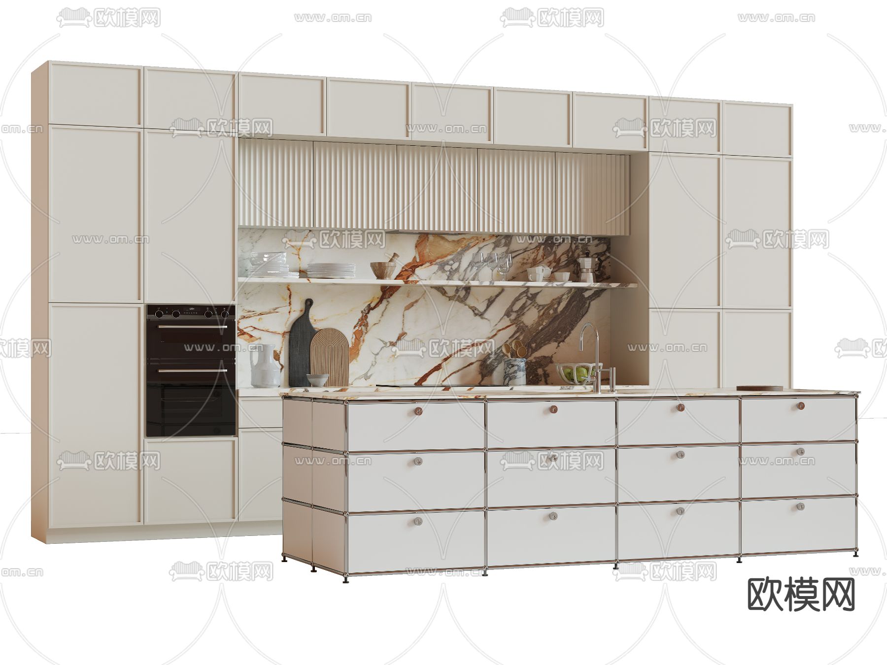奶油风中岛橱柜3d模型下载（渲染图1）