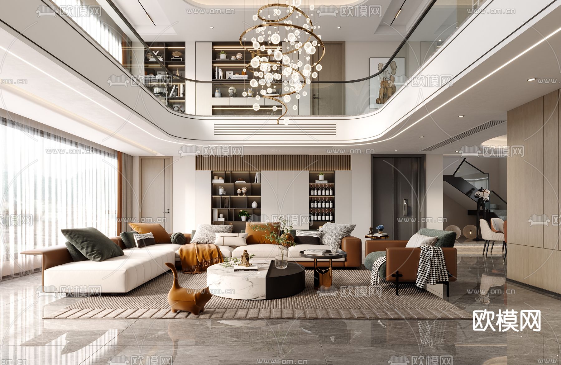 现代轻奢别墅客餐厅茶室3d模型下载（渲染图1）