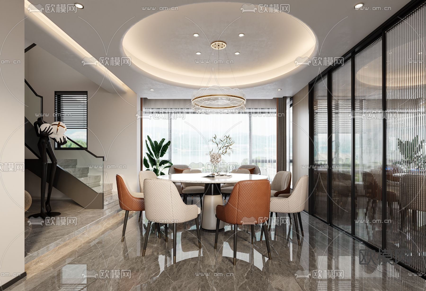 现代轻奢别墅客餐厅茶室3d模型下载（渲染图3）