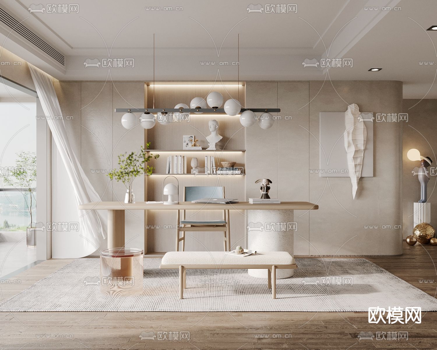 现代奶油风书房3d模型下载_ID12077670_3dmax免费模型-欧模网