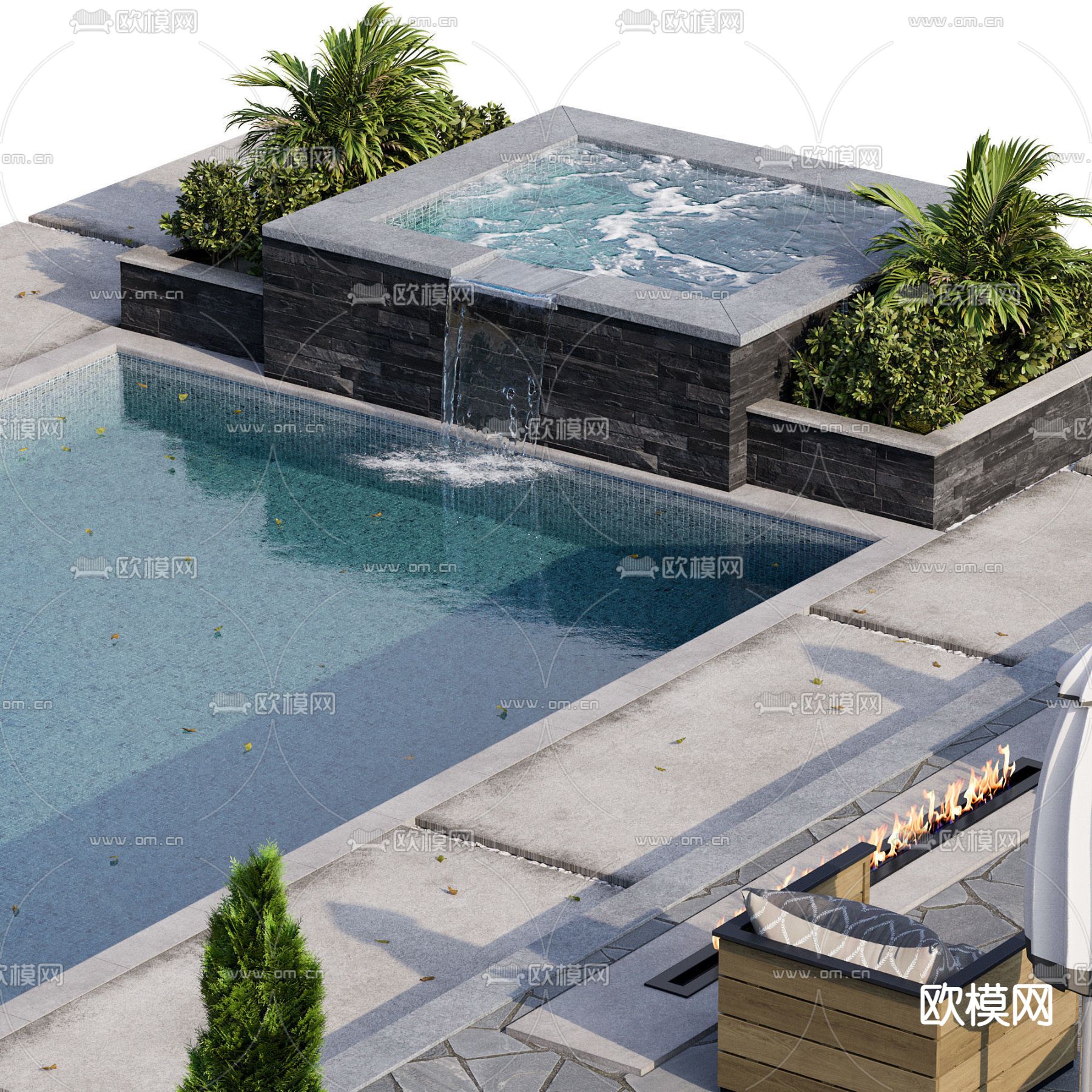 现代庭院露天游泳池3d模型下载（渲染图2）