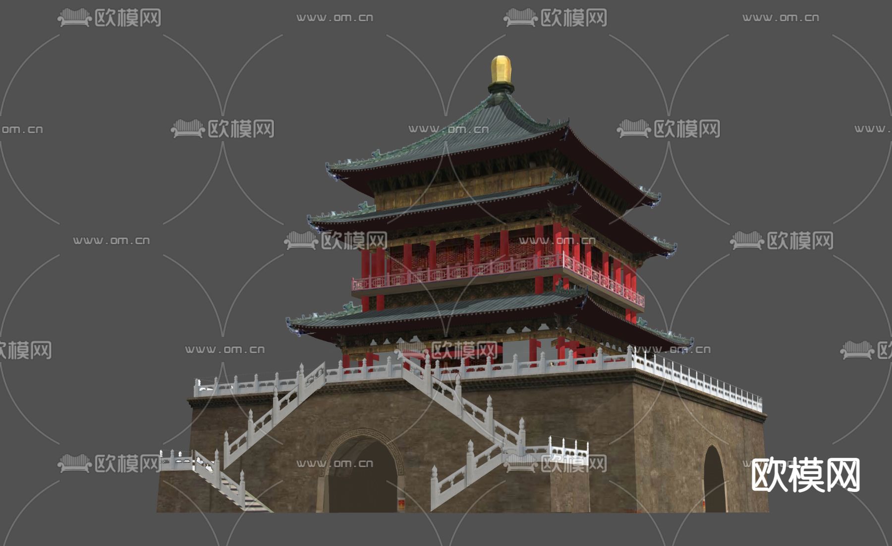 新中式西安钟楼外观su模型