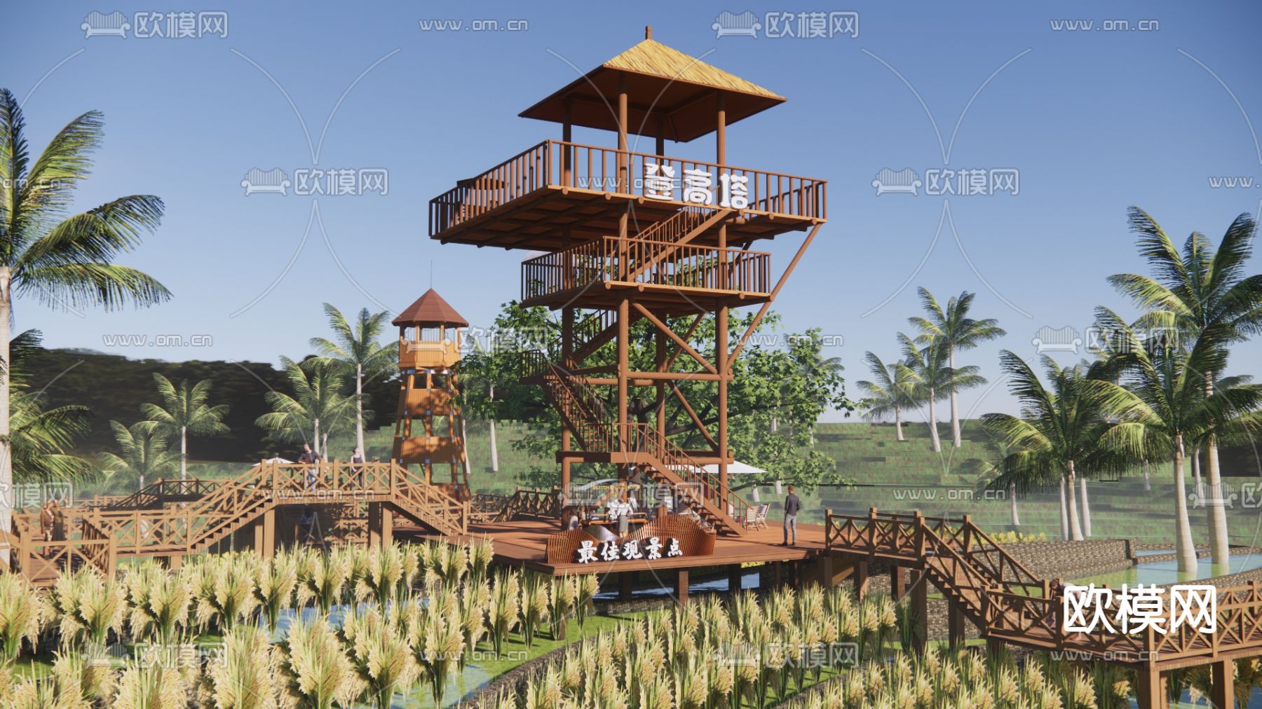 现代观景塔眺望塔山地木栈道su模型下载（渲染图1）