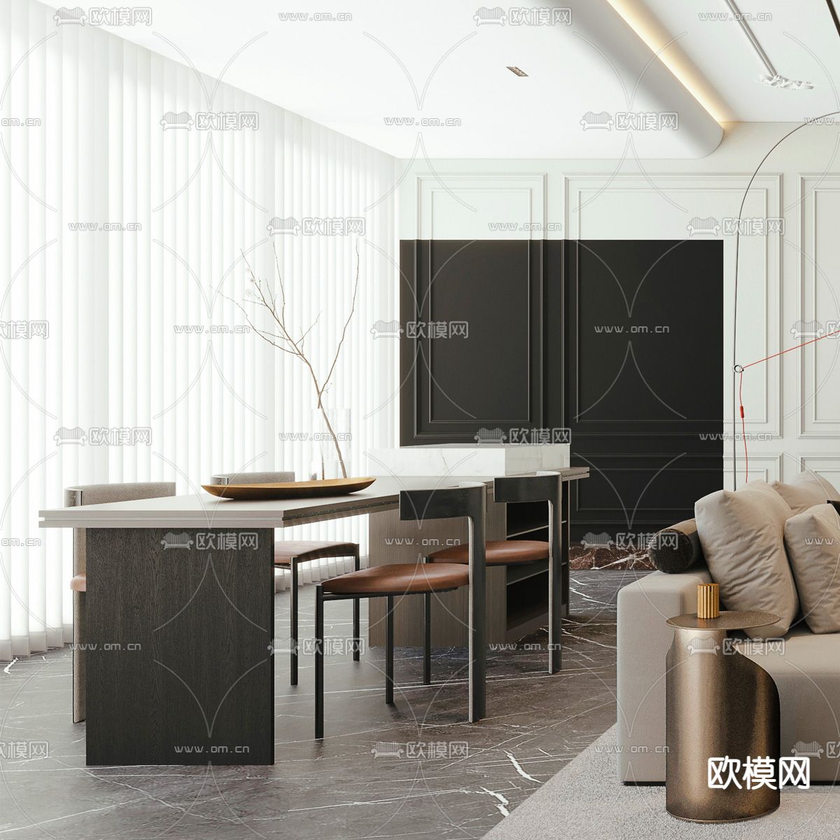 法式轻奢客餐厅3d模型下载（渲染图2）