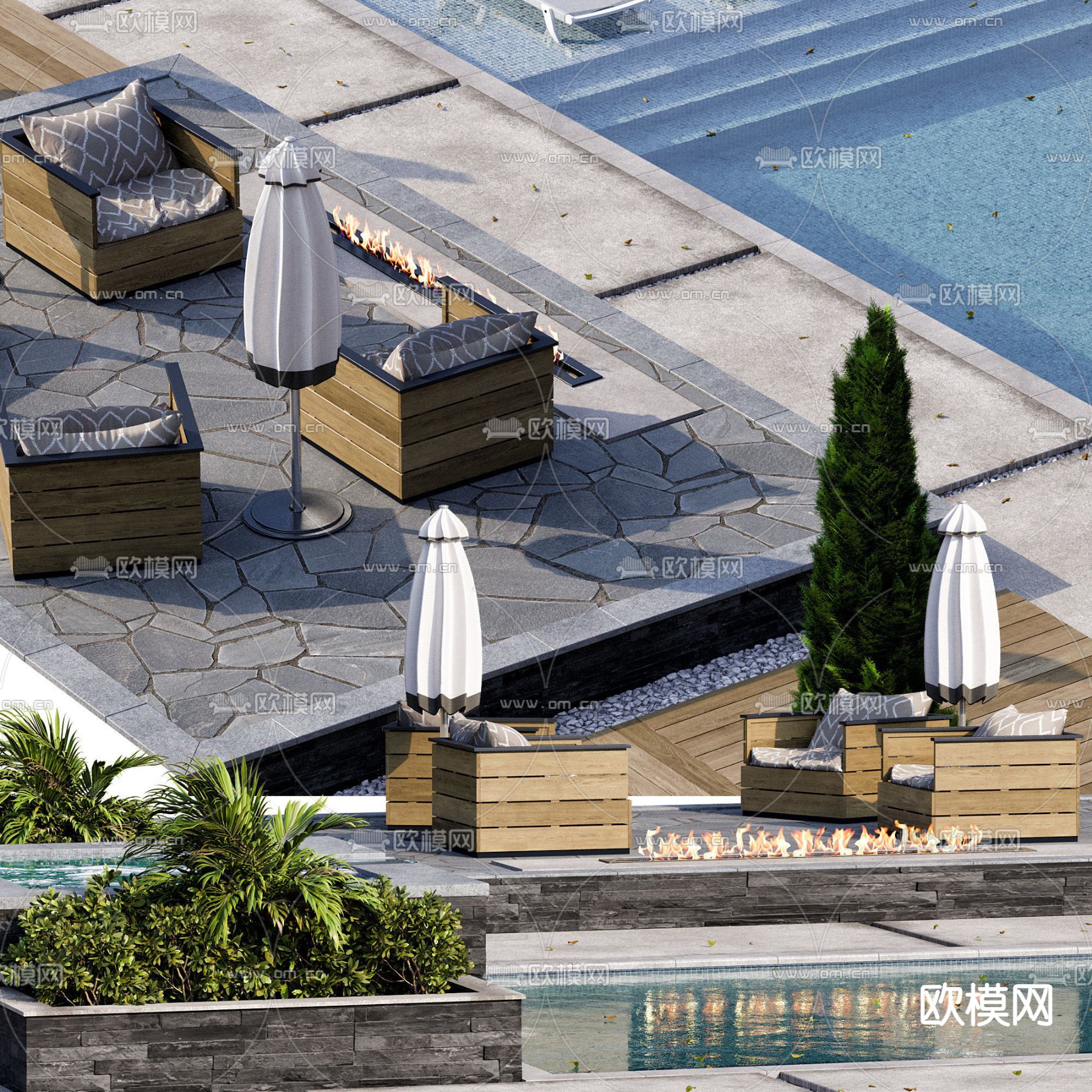 现代庭院露天游泳池3d模型下载（渲染图3）