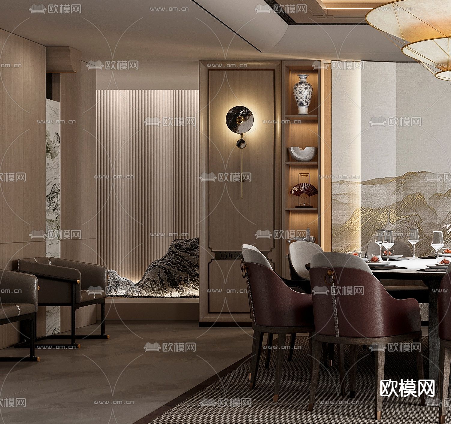 新中式中餐厅包房3d模型下载（渲染图2）