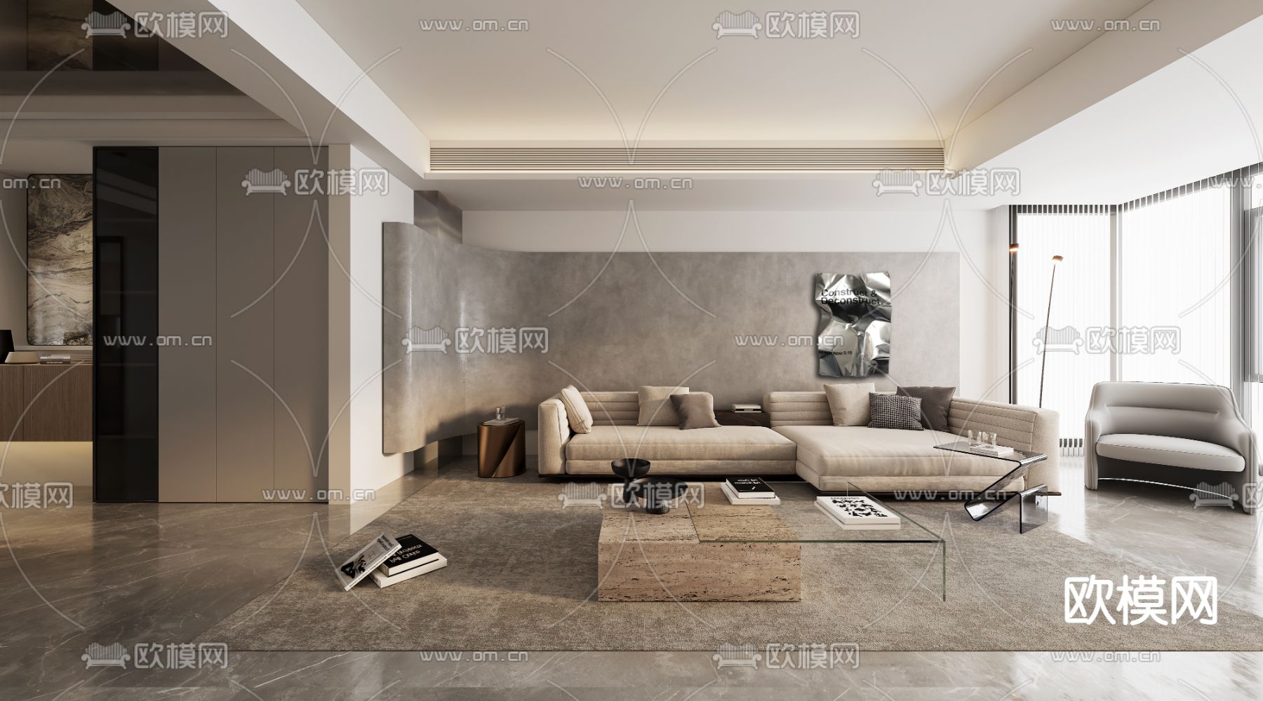 现代客厅餐厅3d模型下载（渲染图1）