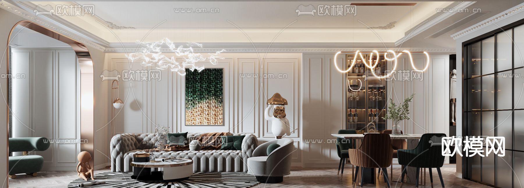 简欧客厅餐厅3d模型下载（渲染图1）