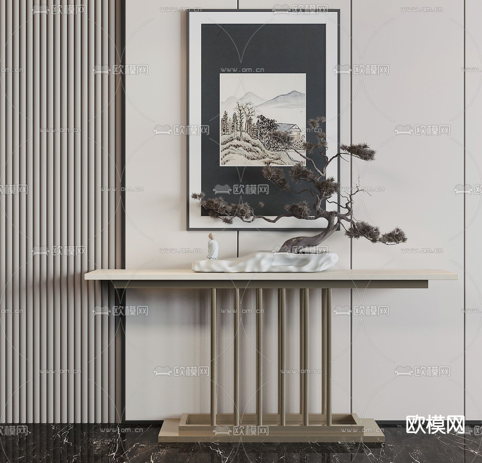 新中式条形端景条案3d模型下载