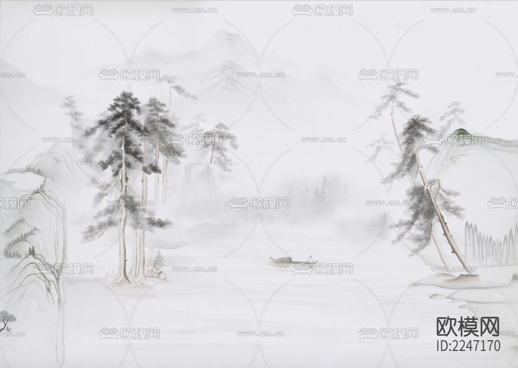 新中式古典壁画墙布下载（渲染图2）