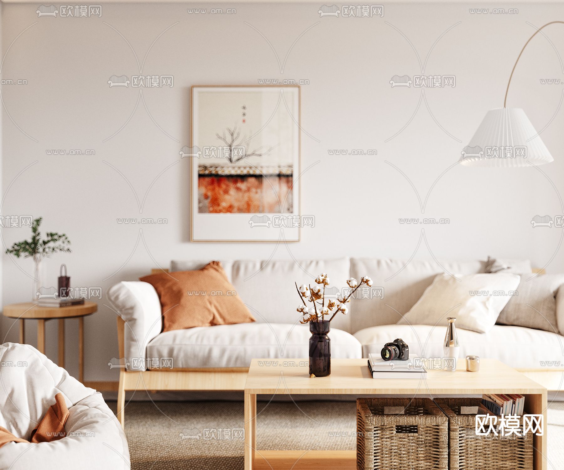 现代奶油风客餐厅3d模型下载（渲染图2）