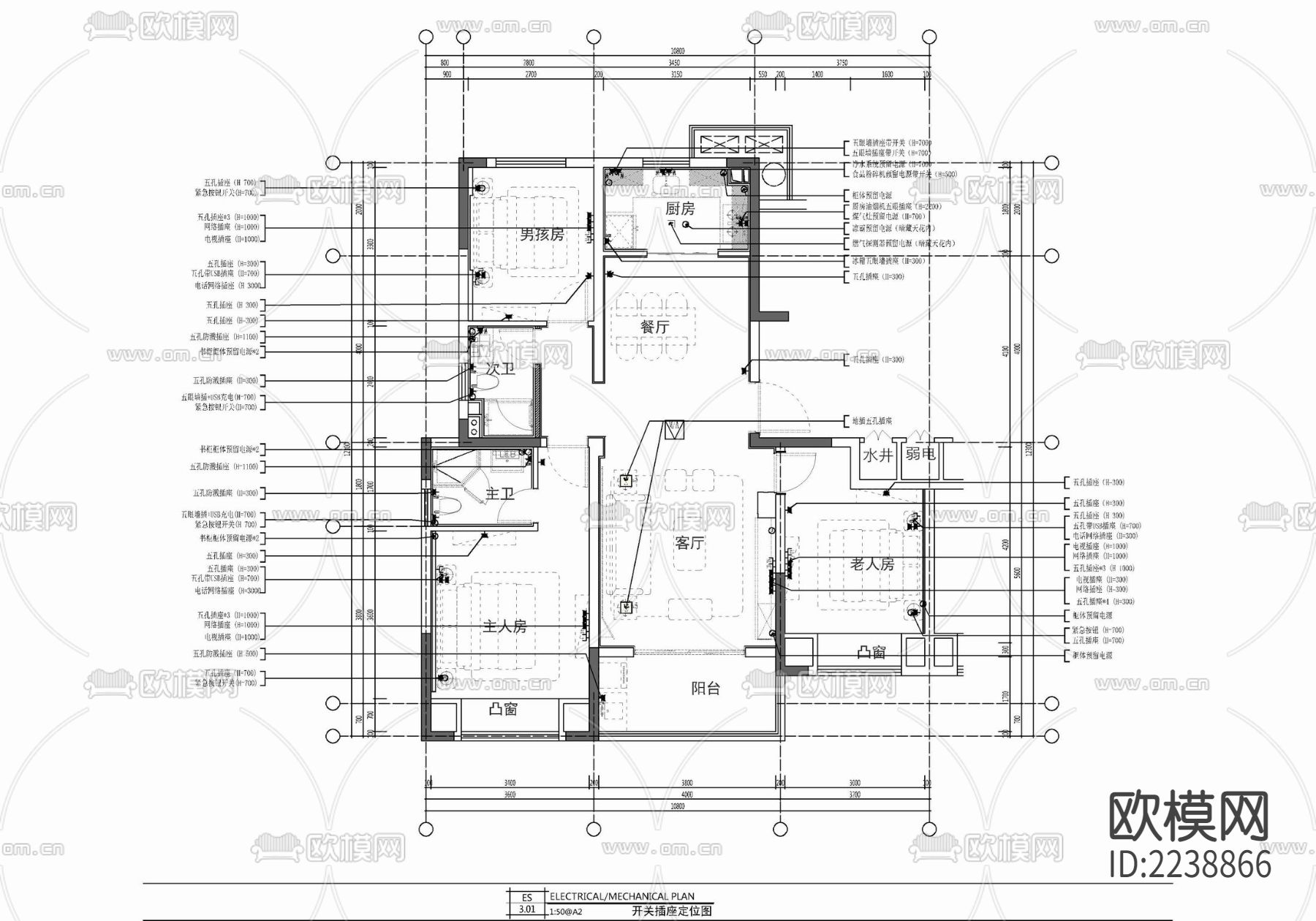 110㎡三居室家装样板房CAD施工图  私宅 平层 家装下载（渲染图4）