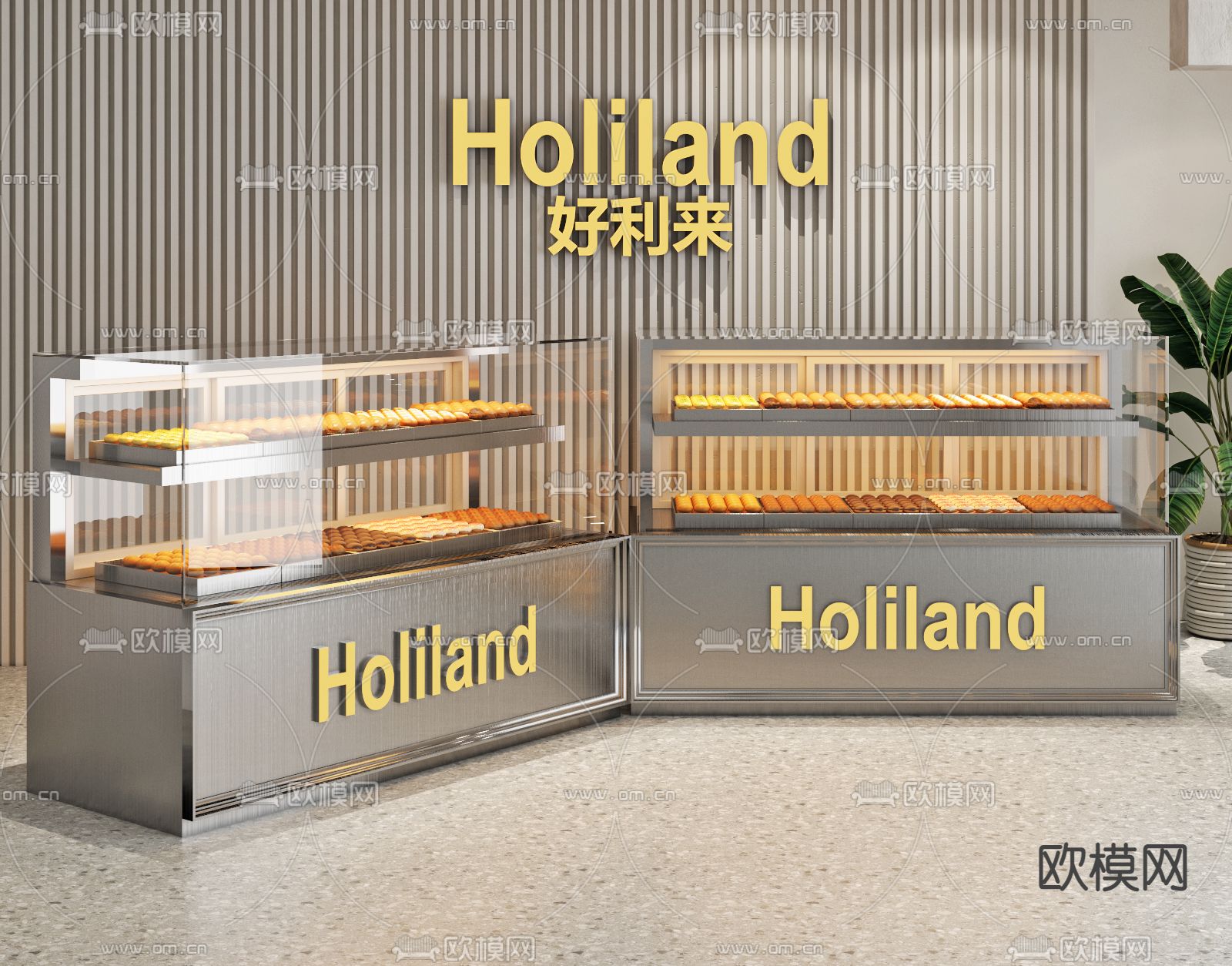 现代不锈钢面包店展示柜3d模型下载