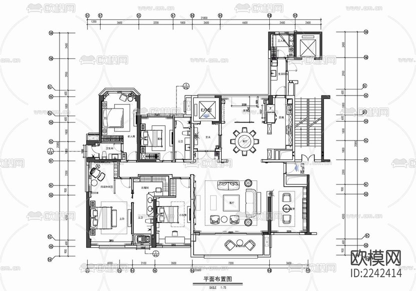 300㎡家裝大平層CAD施工圖 私宅 平層 家裝 樣板房下載(渲染圖1)