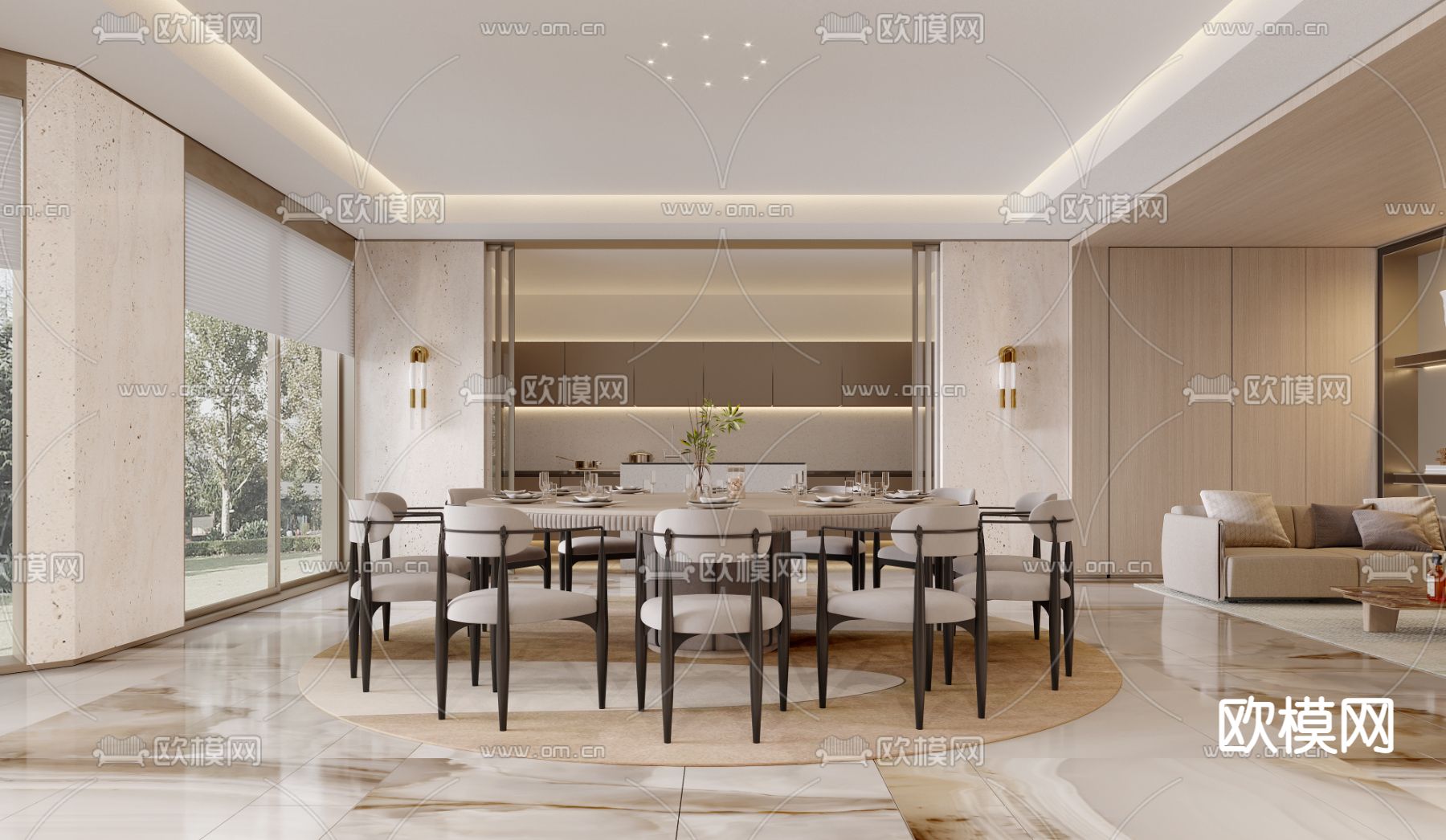 新中式酒店餐厅包房3d模型下载（渲染图1）