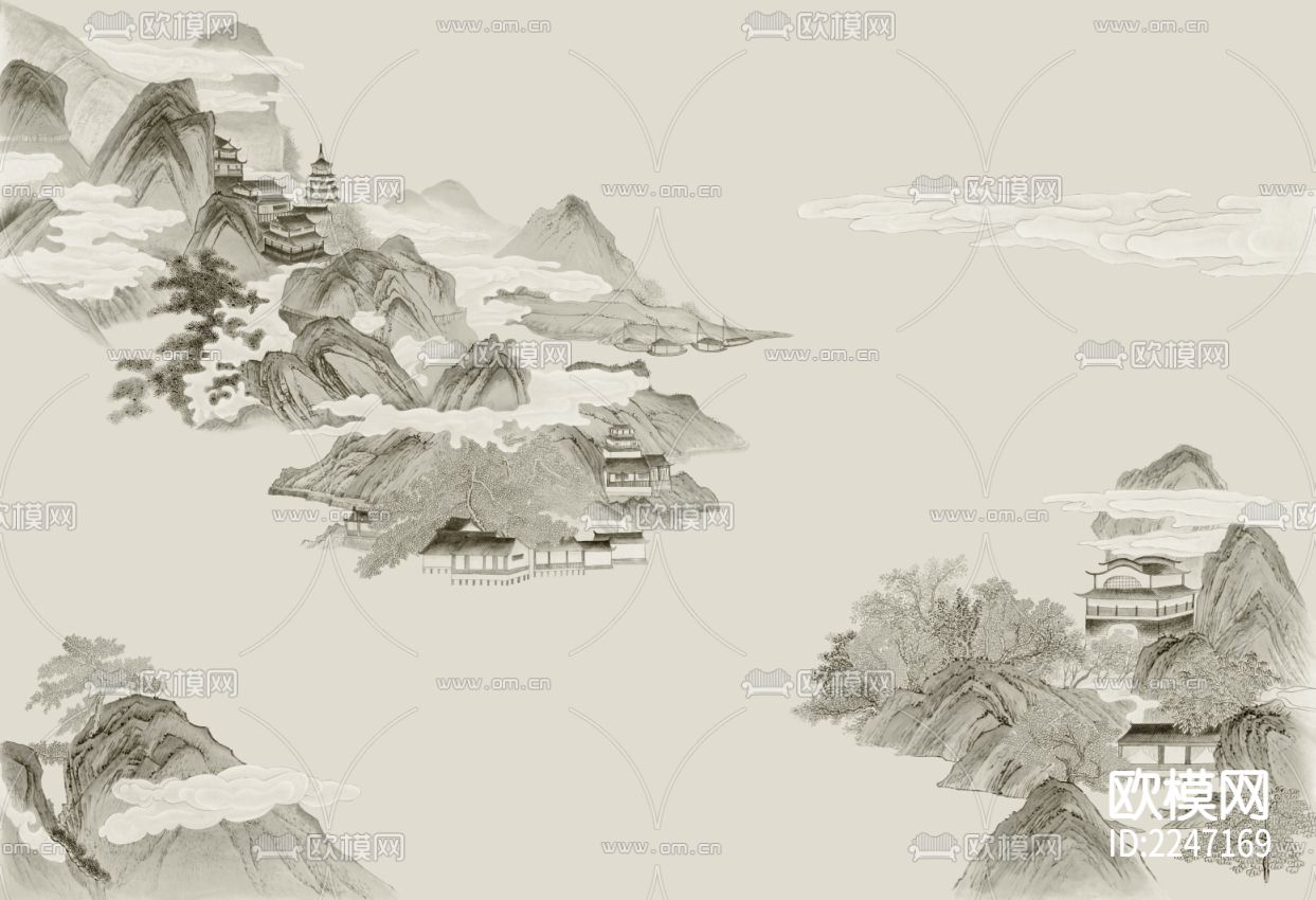 新中式古典壁画墙布下载（渲染图1）