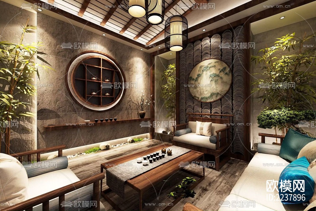 中式茶舍施工图效果图-免费3dmax模型库-欧模网