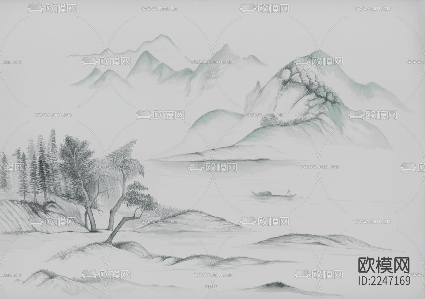 新中式古典壁画墙布下载（渲染图2）