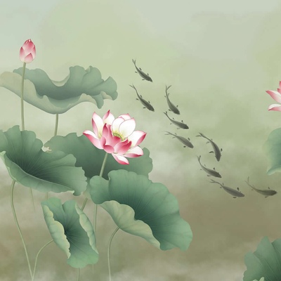  华琴壁画-新中式九鱼荷花壁画 