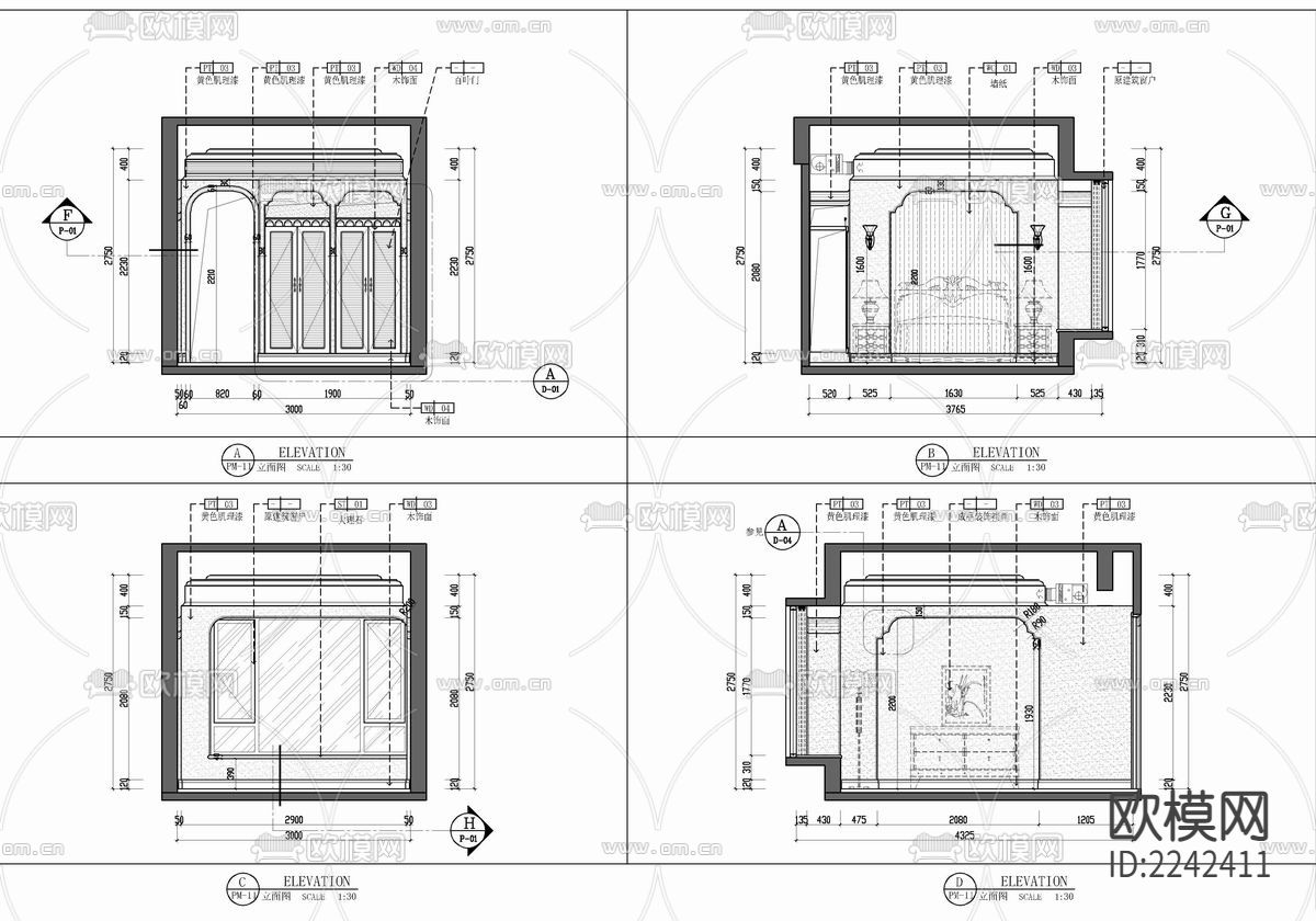 90㎡家装样板房CAD施工图 私宅 平层 家装 样板房下载（渲染图7）