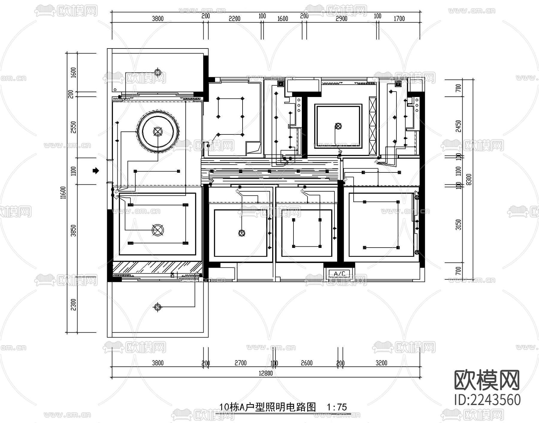 2-T10栋A户型平面施工图下载（渲染图6）
