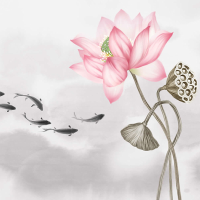  华琴壁画-新中式九鱼荷花壁画 