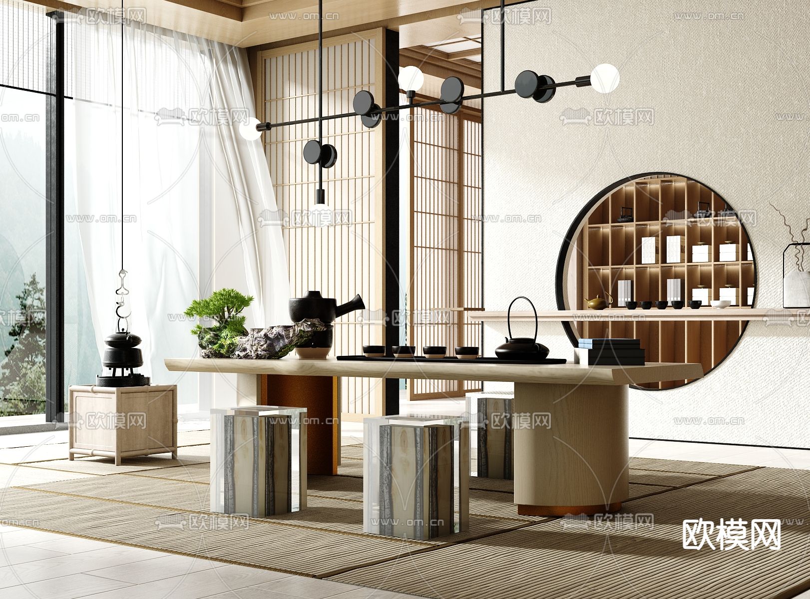 新中式实木茶桌椅3d模型下载