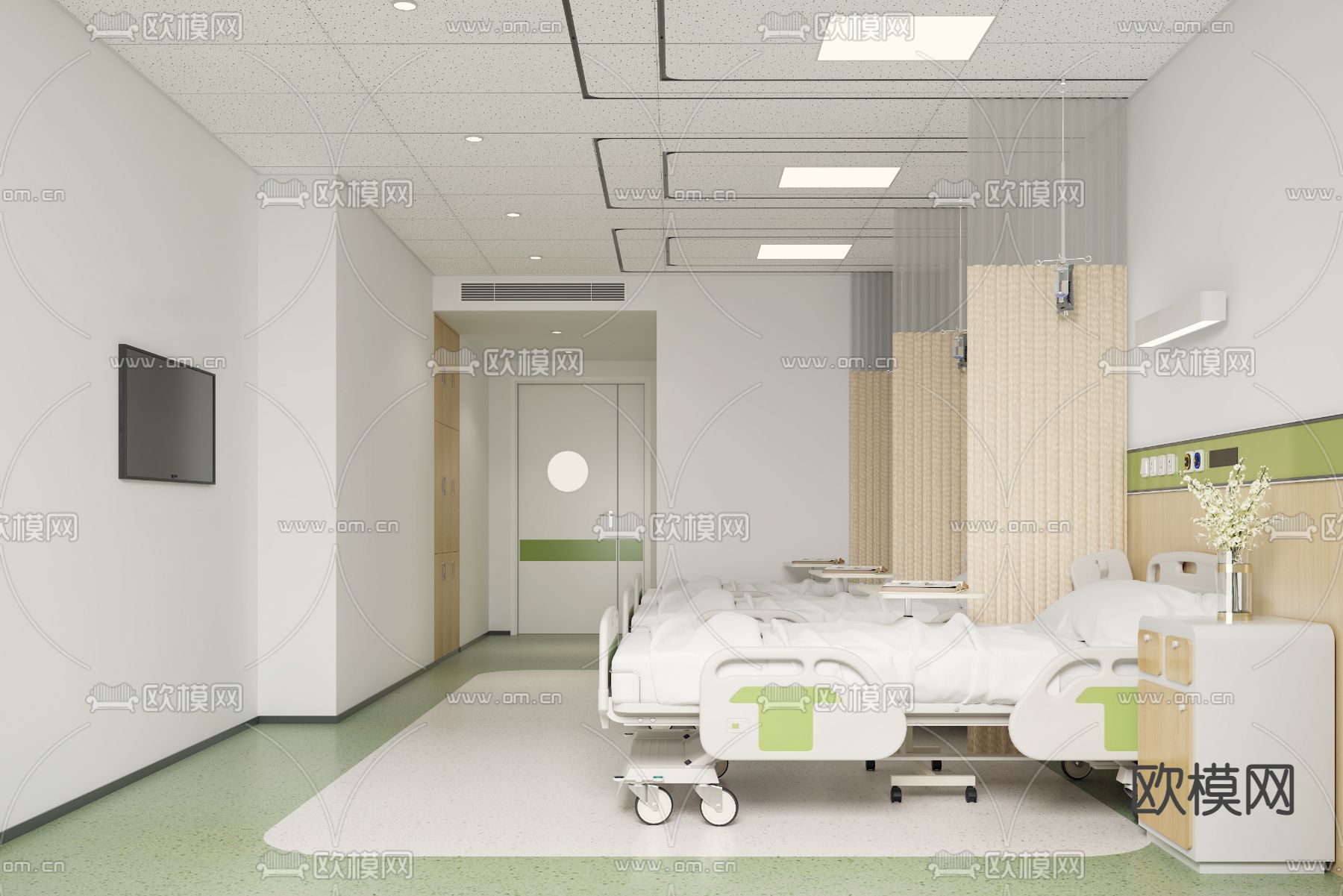 现代医院病房双人间3d模型下载